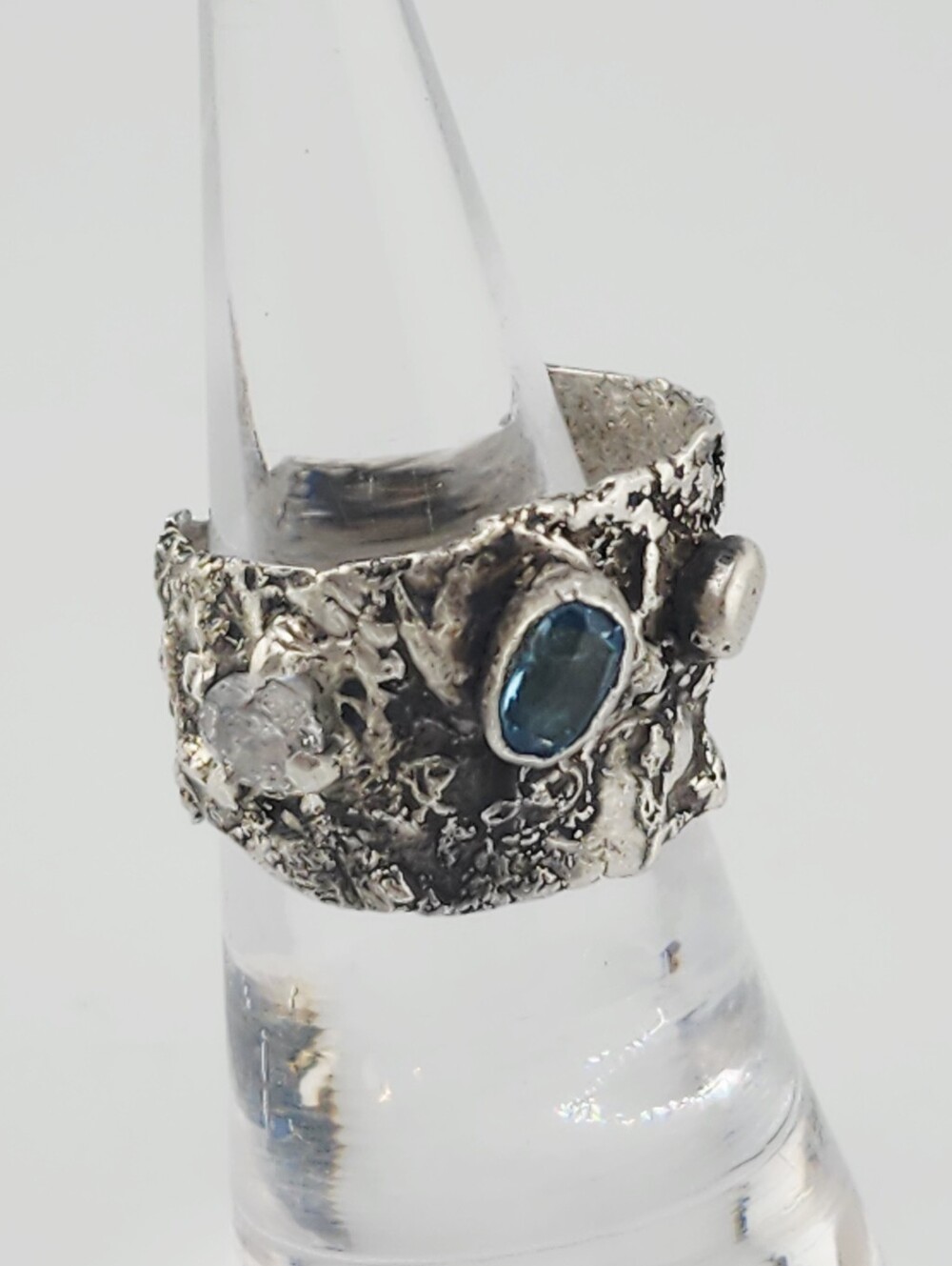TOPAZ IN BLUE & CLEAR ZIRCORNIA. RAW DESIGN RING 925 STERLING SILVER SIZE 7.5